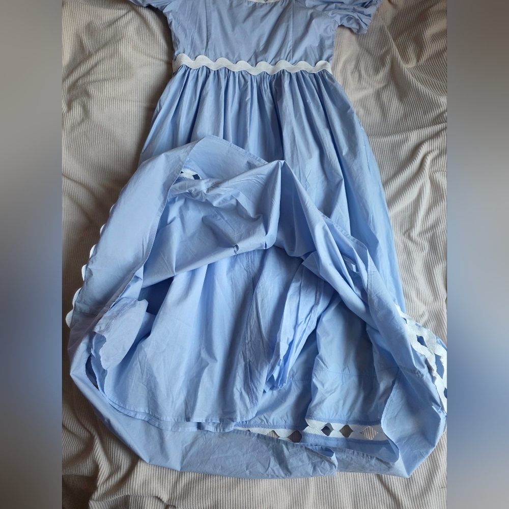 English Factory Scallop-Trim Cotton Midi Dress Sz L Blue Ecru Trim Nwt - Picture 15 of 16